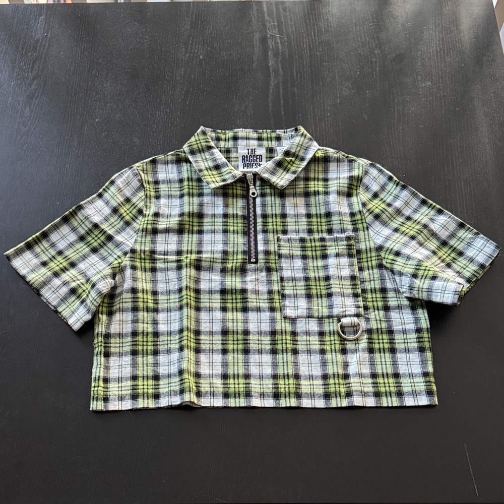 The Ragged Priest Y2K Green Plaid Zipper Shirt